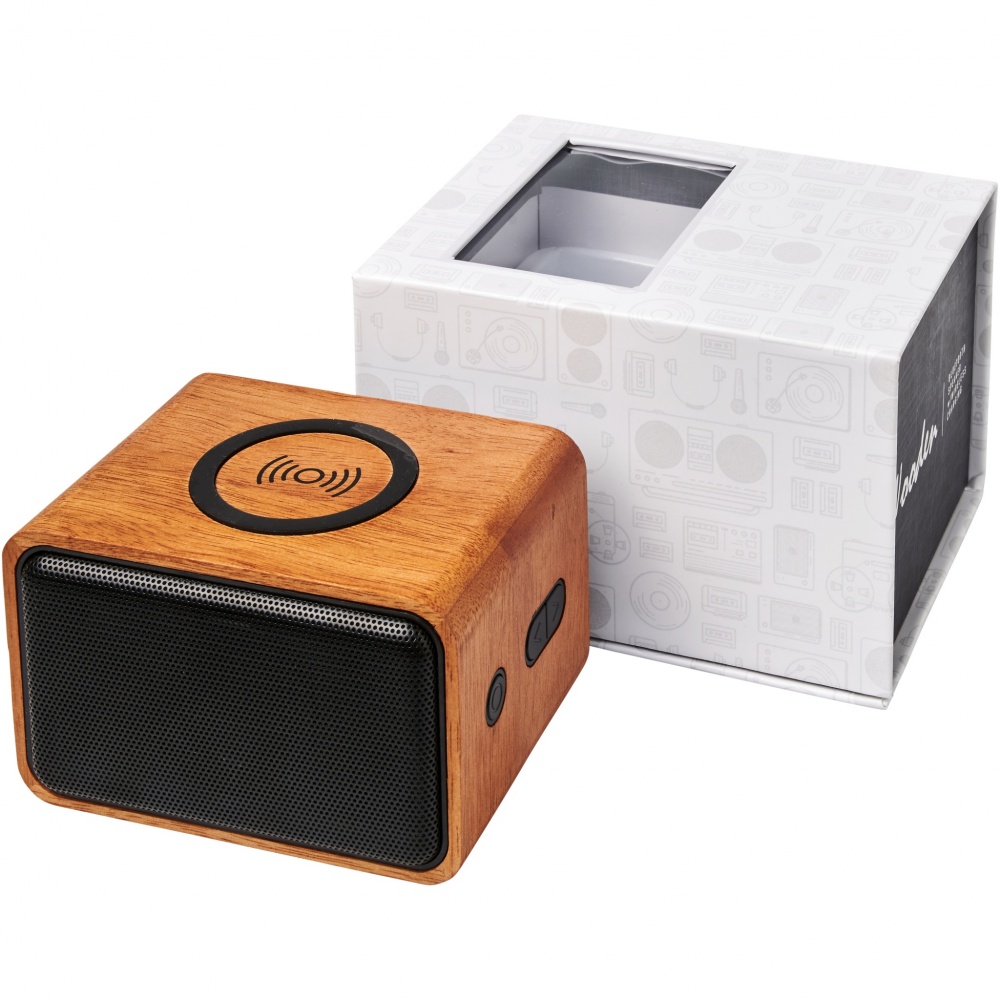 Logo trade promotional merchandise picture of: Wooden 3W speaker with wireless charging pad