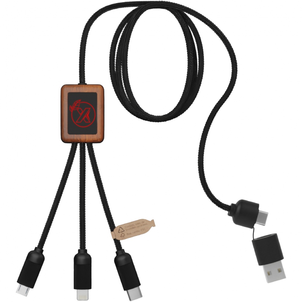 Logo trade promotional item photo of: SCX.design C38 5-in-1 rPET light-up logo charging cable with squared wooden casing