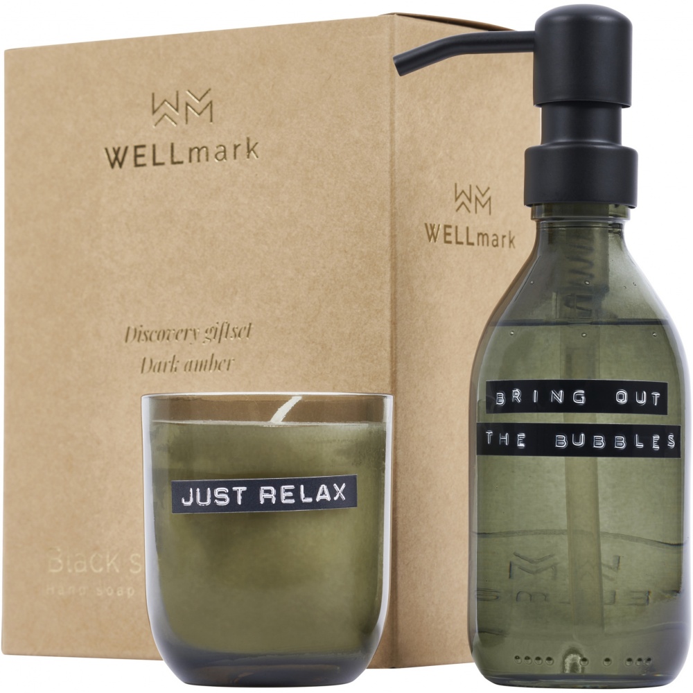 Logo trade promotional giveaways picture of: Wellmark Discovery 200 ml hand soap dispenser and 150 g scented candle set - dark amber fragrance
