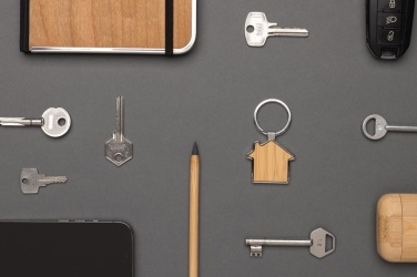 Logo trade promotional merchandise picture of: RCS recycled zinc alloy house keychain with bamboo