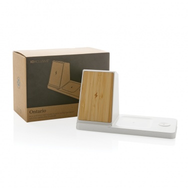 Logotrade promotional giveaway image of: Ontario recycled plastic & bamboo 3-in-1 wireless charger