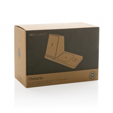 Logo trade advertising product photo of: Ontario recycled plastic & bamboo 3-in-1 wireless charger
