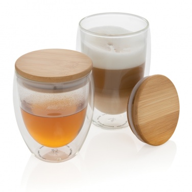 Logo trade promotional products image of: Double wall borosilicate glass with bamboo lid 350ml 2pc set