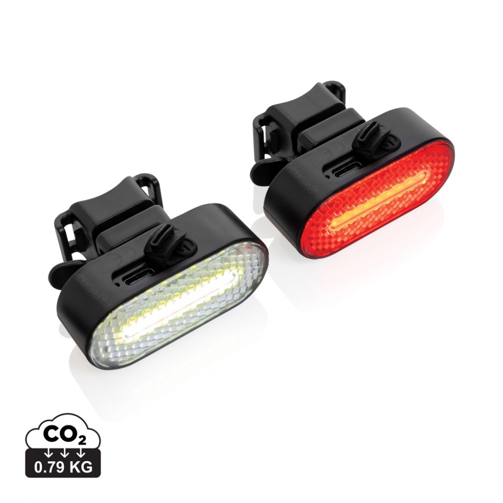 Logotrade advertising product image of: Lumino RCS recycled plastic USB re-chargeable bike light set