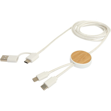 Logotrade corporate gift picture of: Chechia 5-in-1 recycled plastic 150 cm data sync and 27W fast charge cable with bamboo details