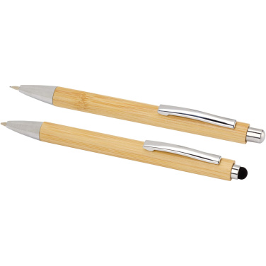 Logo trade promotional gifts picture of: Oblys bamboo ballpoint pen and mechanical pencil set (black ink)